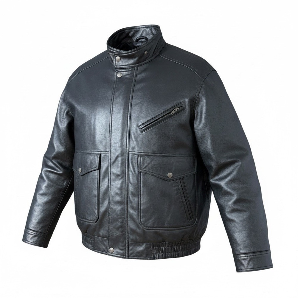 Contemporary Expressions Mens Lg Black Genuine Leather Bomber Jacket Bikercore